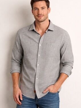 Men's Gray Gingham Long-Sleeve Button-Down Shirt